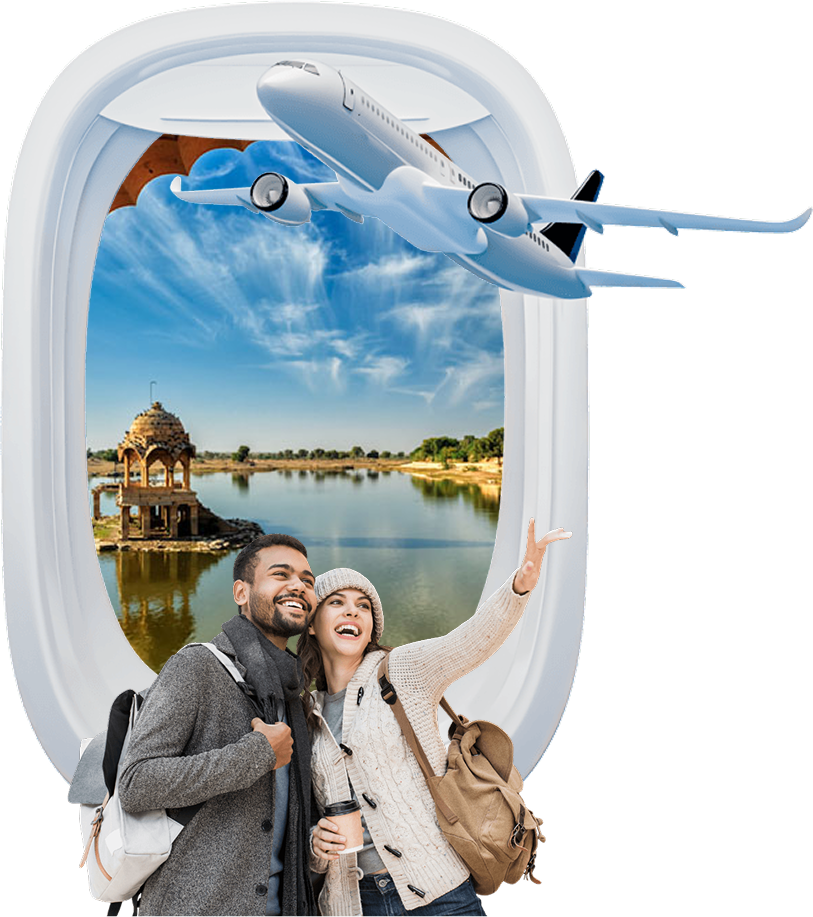 Happy couple taking selfie at travel destination